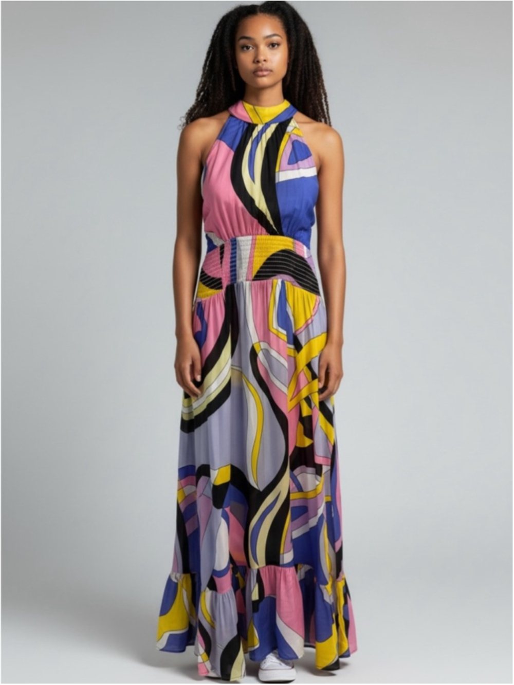 Halter Neck Abstract Print Maxi Dress